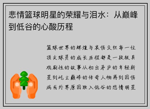 悲情篮球明星的荣耀与泪水：从巅峰到低谷的心酸历程