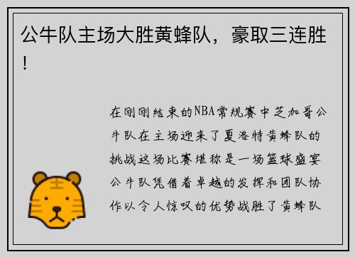 公牛队主场大胜黄蜂队，豪取三连胜！