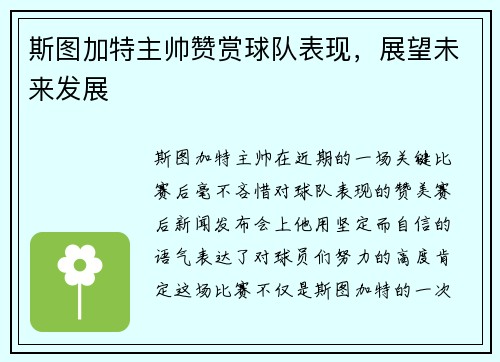 斯图加特主帅赞赏球队表现，展望未来发展